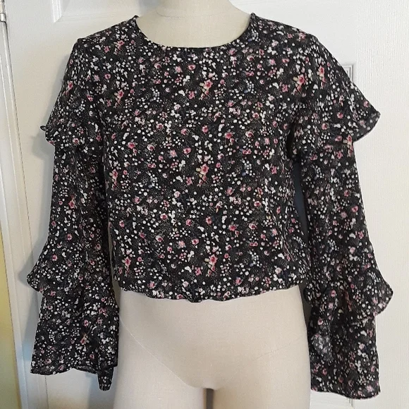 Forever 21 ditzy floral ruffle sleeve elastic waist boho top sz M pretty blouse - Picture 1 of 14